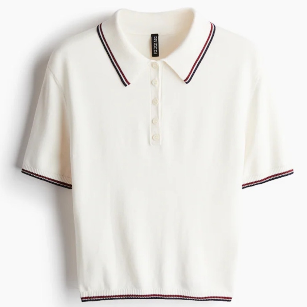Women’s Cropped FINE-KNIT Cream color POLO SHIRT with red & navy accent stripes